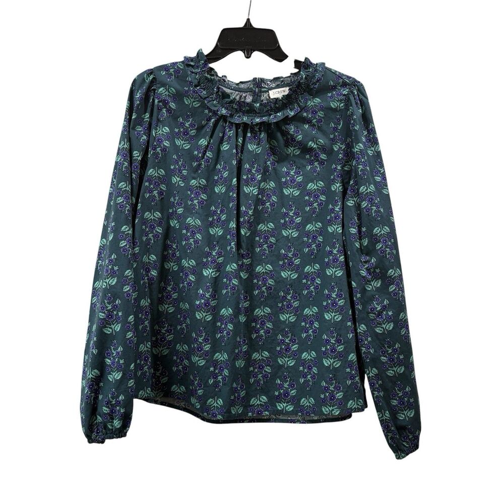 J. Crew Factory Ruffle Neck Poplin Blouse Warm Spruce Antique Navy Size L
